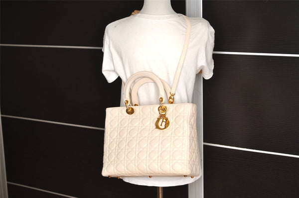 Authentic Christian Dior Lady Dior Lamb Skin Cannage 2Way Hand Bag White 7195I