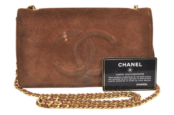 Authentic CHANEL CC Logo Chain Shoulder Long Wallet Suede Leather Brown 7201K