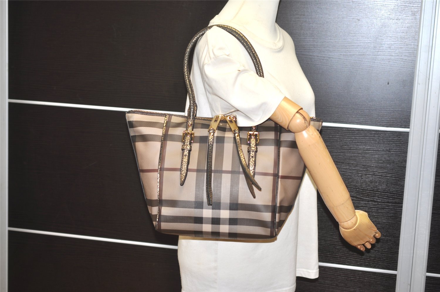 Authentic BURBERRY Vintage Check Shoulder Tote Bag PVC Leather Brown 7209I