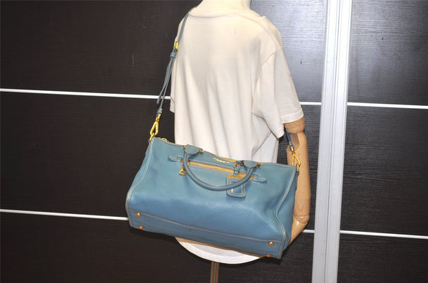 Authentic PRADA VIT DAINO Leather 2Way Shoulder Tote Bag BL0805 Light Blue 7210I