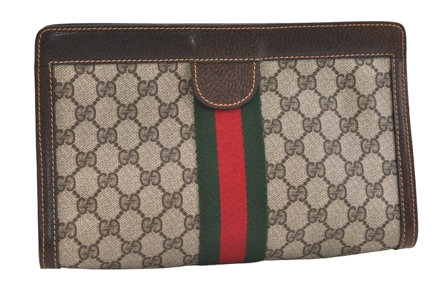 Authentic GUCCI Web Sherry Line Clutch Hand Bag GG PVC Leather Brown Junk 7212J