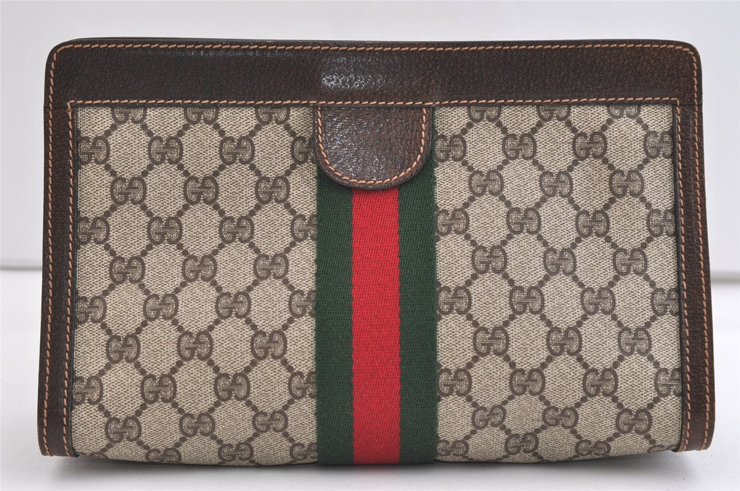 Authentic GUCCI Web Sherry Line Clutch Hand Bag GG PVC Leather Brown Junk 7212J