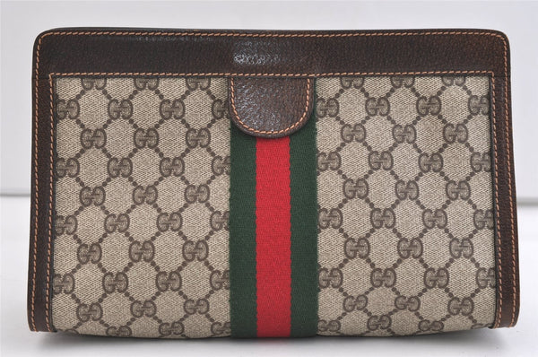 Authentic GUCCI Web Sherry Line Clutch Hand Bag GG PVC Leather Brown Junk 7212J