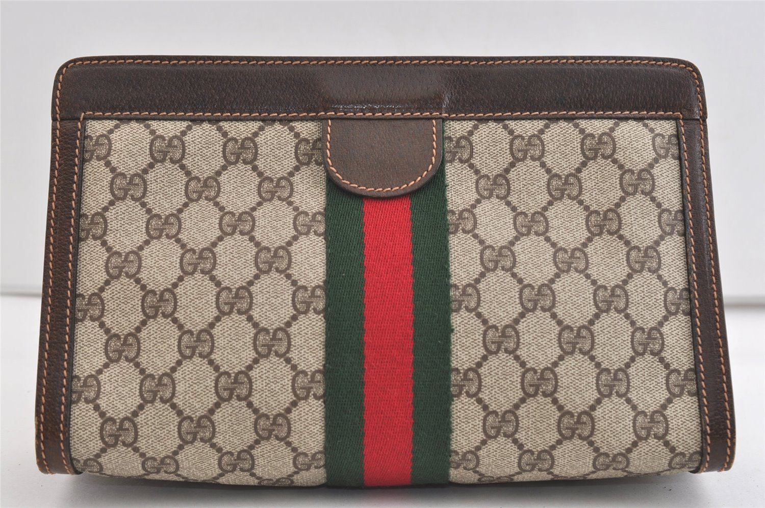 Authentic GUCCI Web Sherry Line Clutch Hand Bag GG PVC Leather Brown Junk 7212J