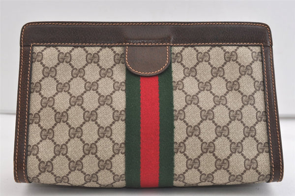 Authentic GUCCI Web Sherry Line Clutch Hand Bag GG PVC Leather Brown Junk 7212J