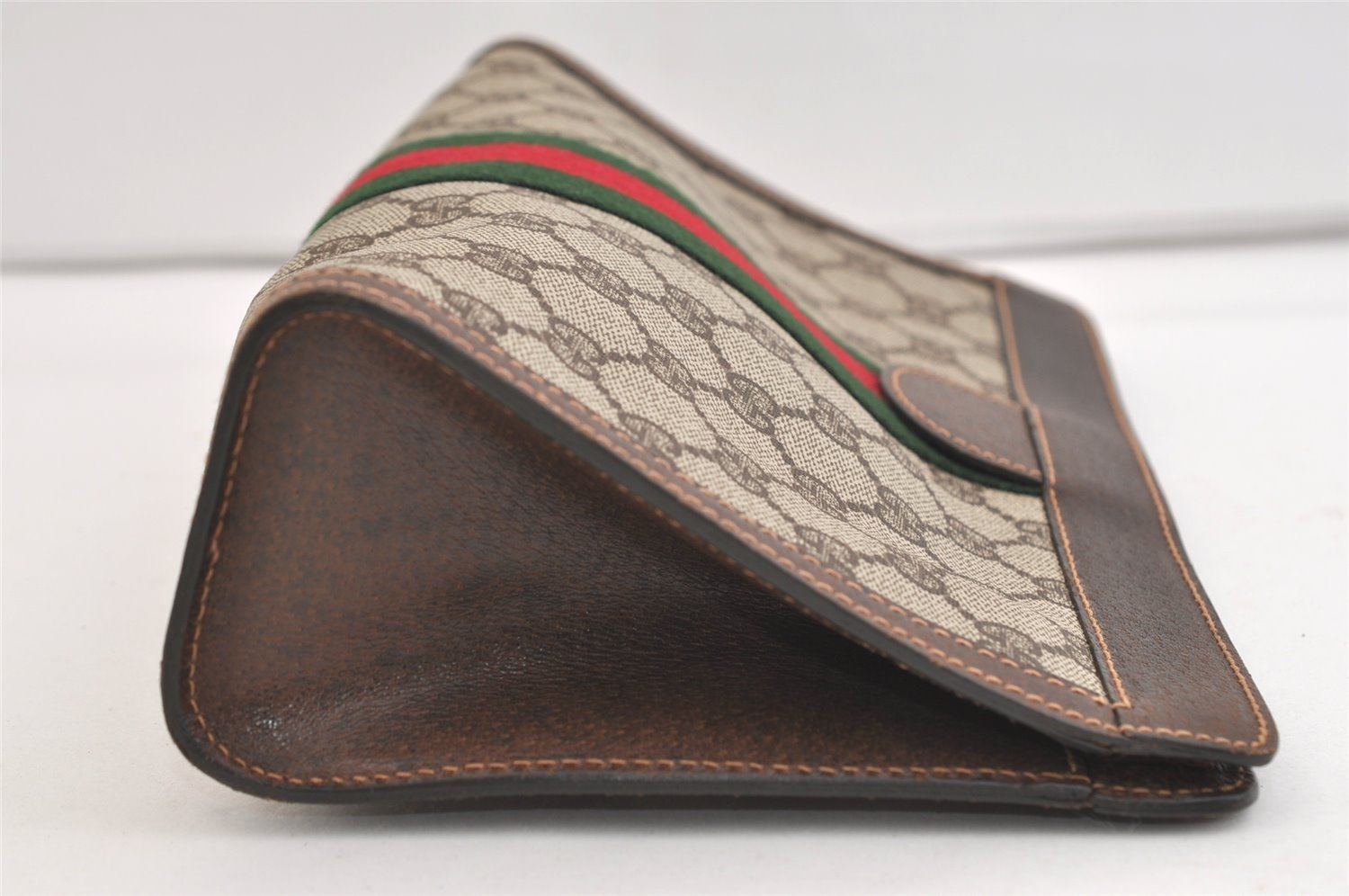 Authentic GUCCI Web Sherry Line Clutch Hand Bag GG PVC Leather Brown Junk 7212J