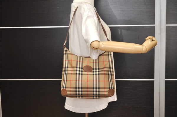 Authentic Burberrys Nova Check Shoulder Bag Purse Canvas Leather Beige 7215J