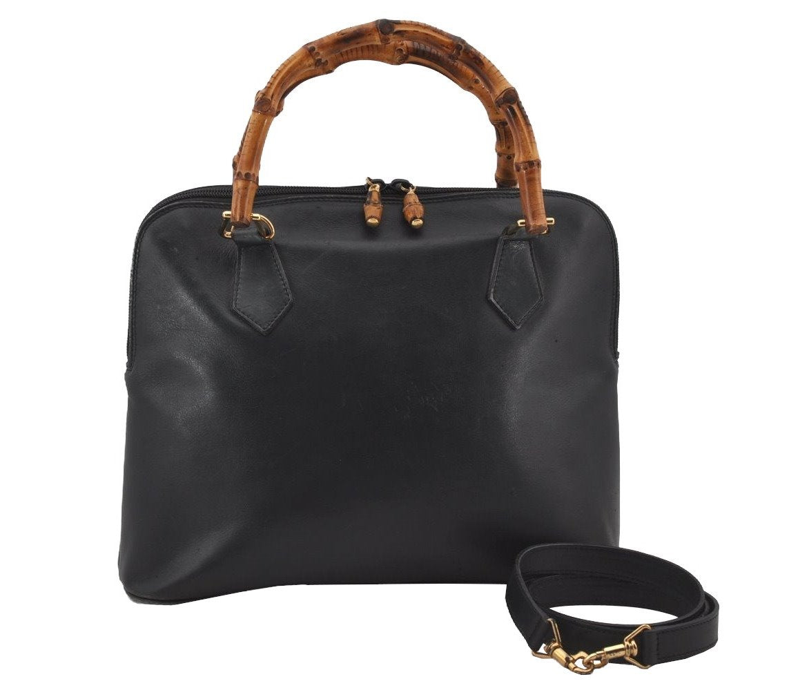 Authentic GUCCI Bamboo 2Way Shoulder Hand Bag Leather Navy Junk 7218J