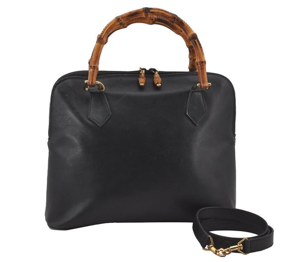 Authentic GUCCI Bamboo 2Way Shoulder Hand Bag Leather Navy Junk 7218J