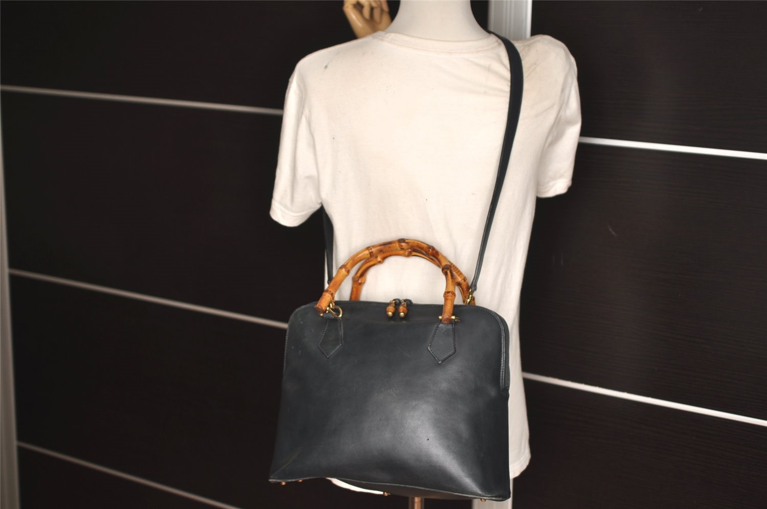 Authentic GUCCI Bamboo 2Way Shoulder Hand Bag Leather Navy Junk 7218J