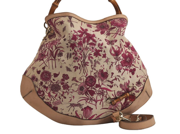 Authentic GUCCI Flora Bamboo Flower 2Way Shoulder Bag Canvas Leather Beige 7219J