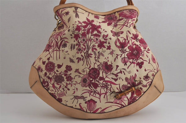 Authentic GUCCI Flora Bamboo Flower 2Way Shoulder Bag Canvas Leather Beige 7219J