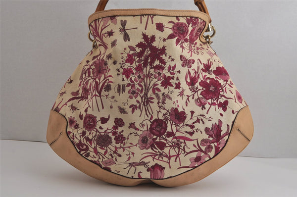 Authentic GUCCI Flora Bamboo Flower 2Way Shoulder Bag Canvas Leather Beige 7219J
