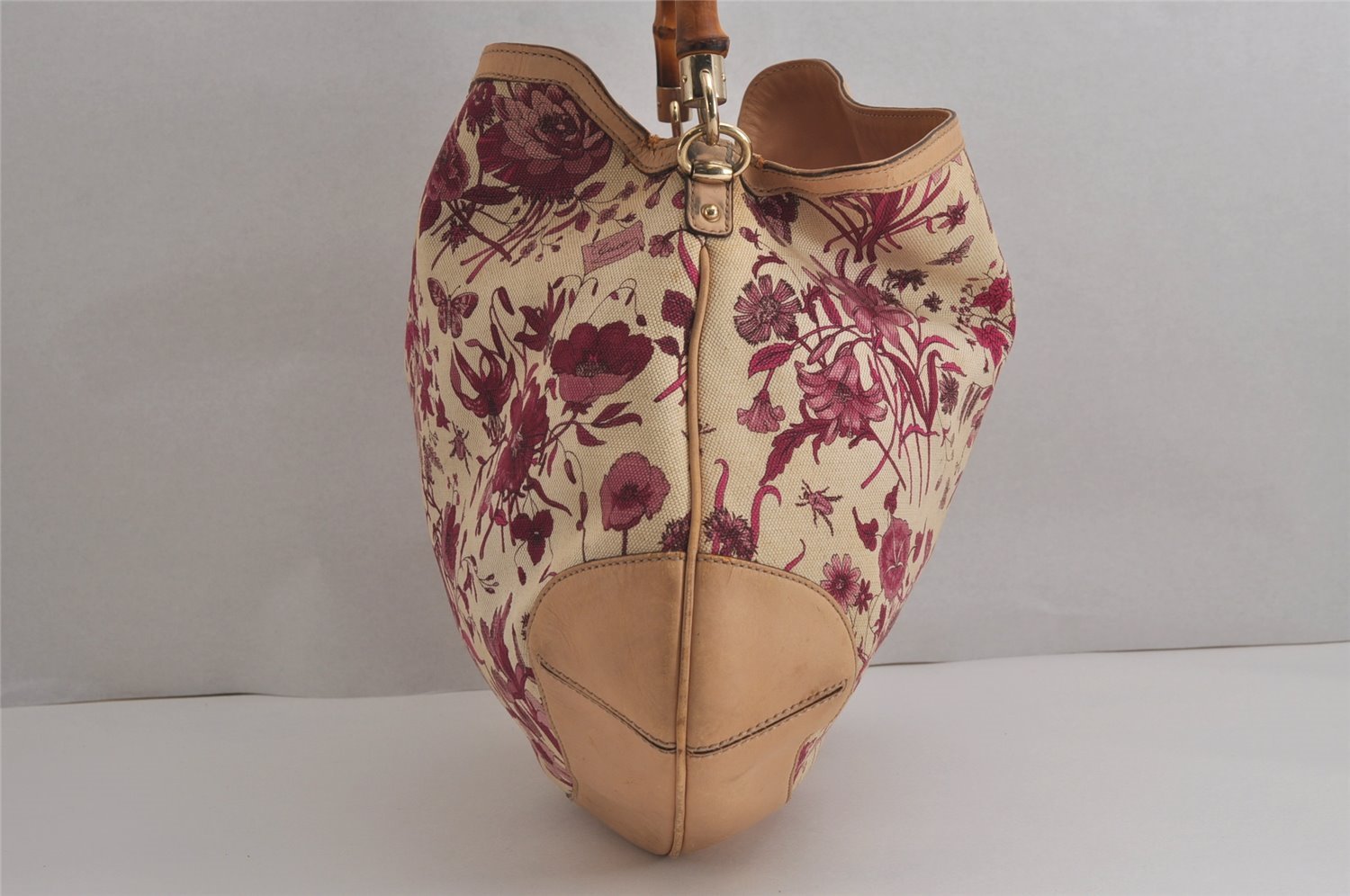 Authentic GUCCI Flora Bamboo Flower 2Way Shoulder Bag Canvas Leather Beige 7219J
