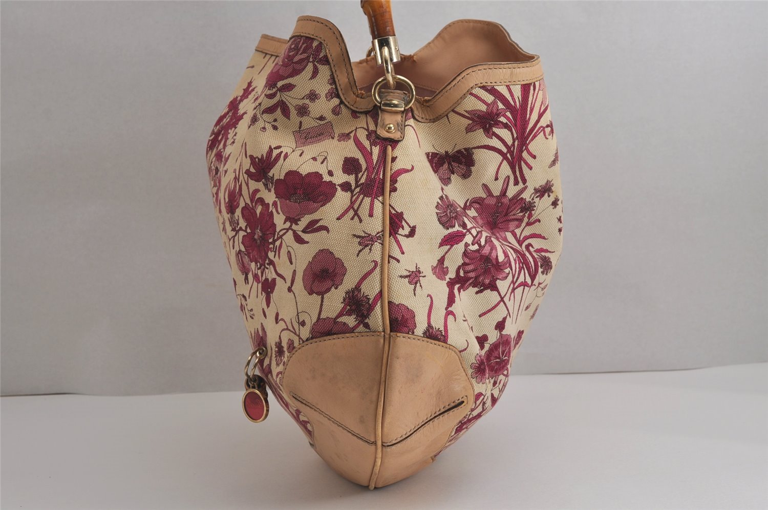 Authentic GUCCI Flora Bamboo Flower 2Way Shoulder Bag Canvas Leather Beige 7219J