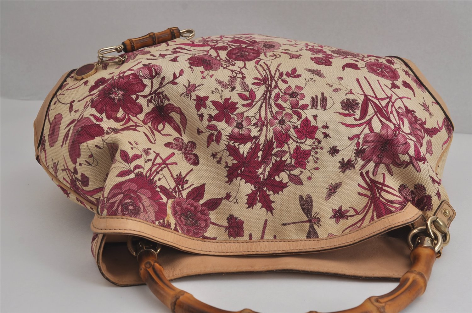 Authentic GUCCI Flora Bamboo Flower 2Way Shoulder Bag Canvas Leather Beige 7219J