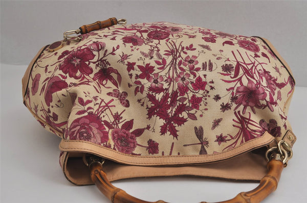 Authentic GUCCI Flora Bamboo Flower 2Way Shoulder Bag Canvas Leather Beige 7219J