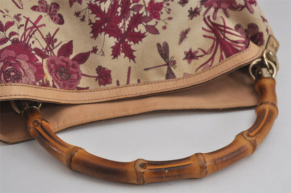 Authentic GUCCI Flora Bamboo Flower 2Way Shoulder Bag Canvas Leather Beige 7219J