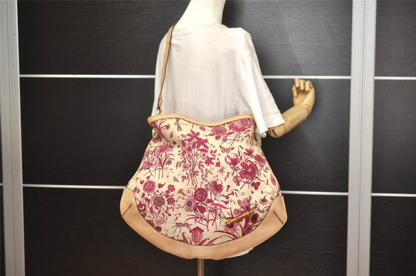 Authentic GUCCI Flora Bamboo Flower 2Way Shoulder Bag Canvas Leather Beige 7219J