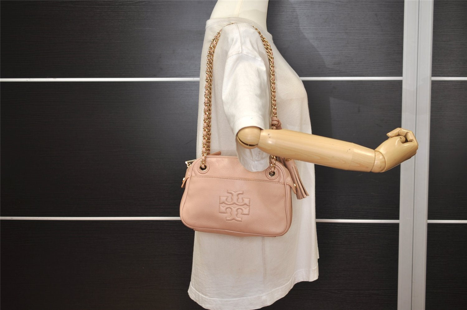 Authentic TORY BURCH Harper Leather Chain Shoulder Bag Purse Pink 7220J