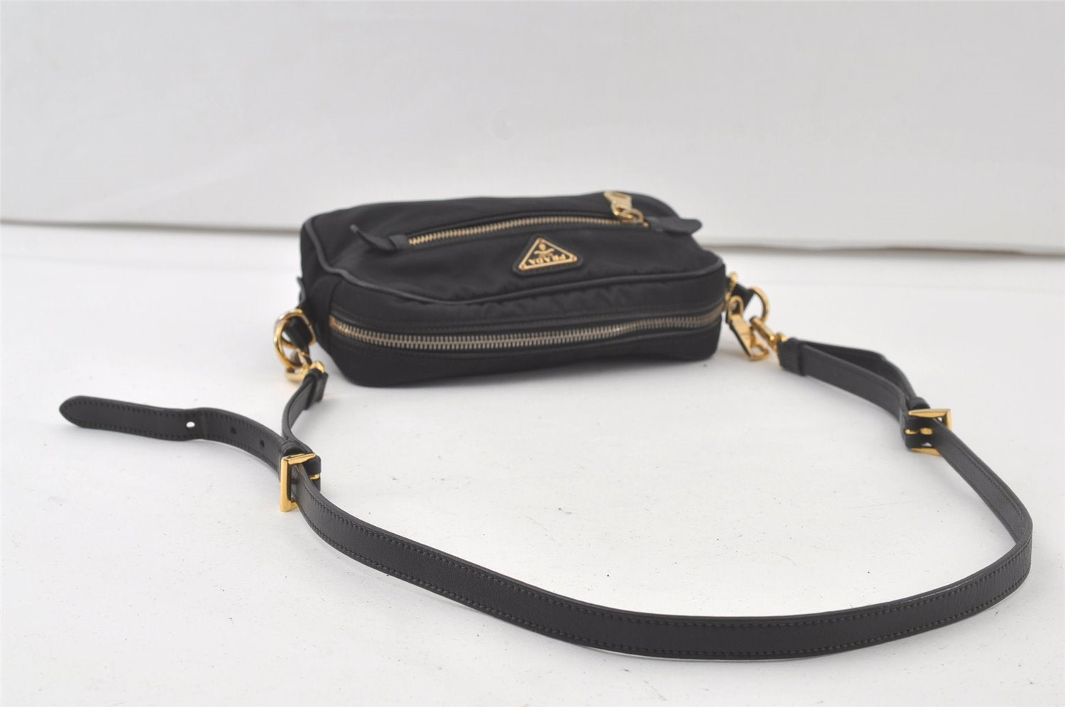 Authentic PRADA Nylon Tessuto Saffiano Leather Shoulder Cross Bag Black 7221K