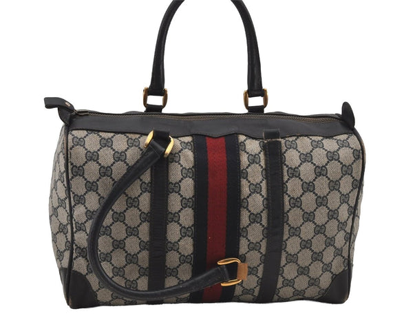 Authentic GUCCI Sherry Line Hand Boston Bag GG PVC Leather Navy Blue Junk  7223J