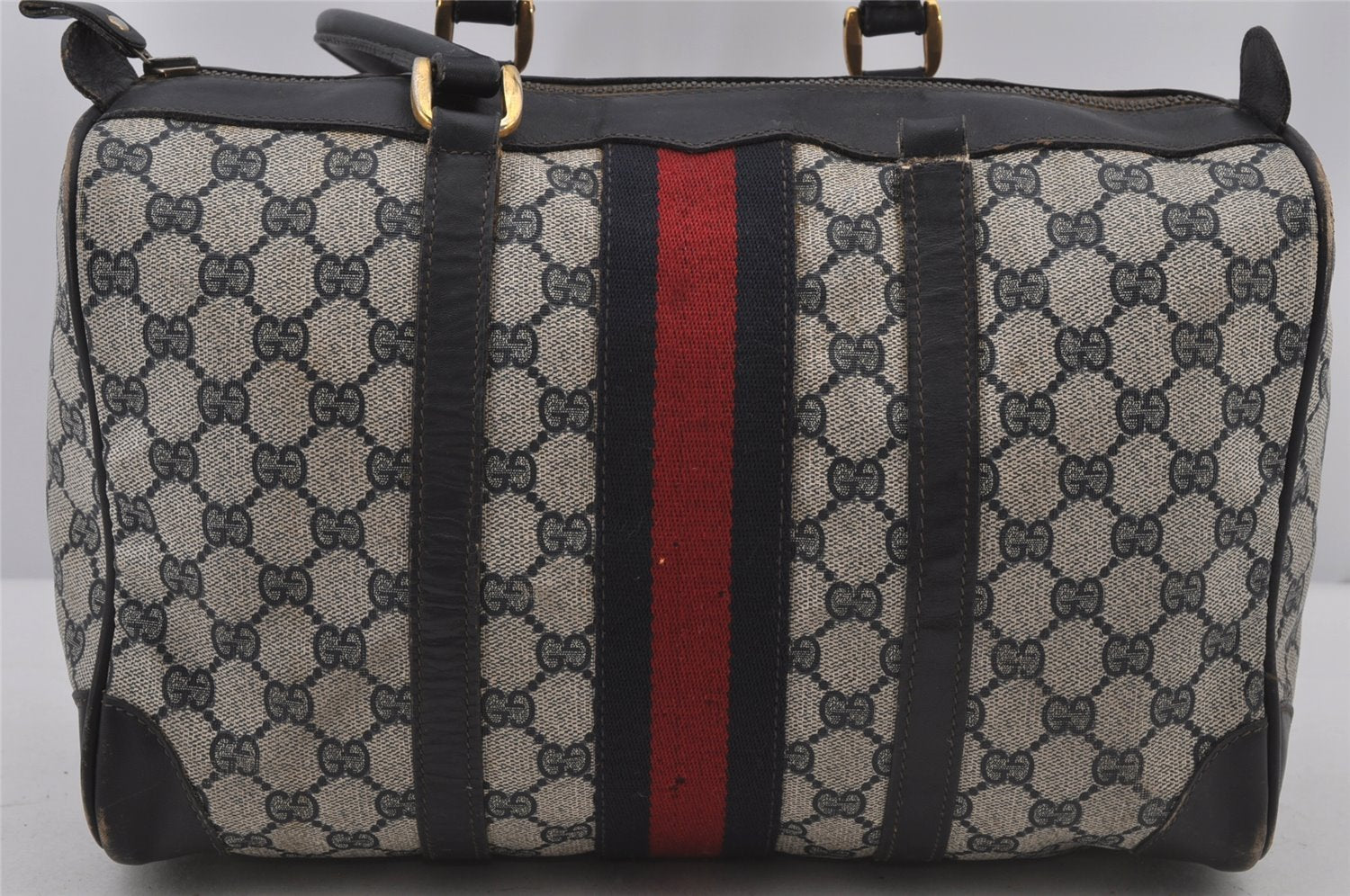 Authentic GUCCI Sherry Line Hand Boston Bag GG PVC Leather Navy Blue Junk  7223J