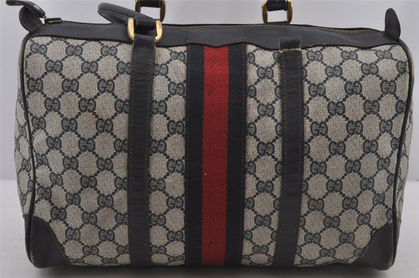 Authentic GUCCI Sherry Line Hand Boston Bag GG PVC Leather Navy Blue Junk  7223J
