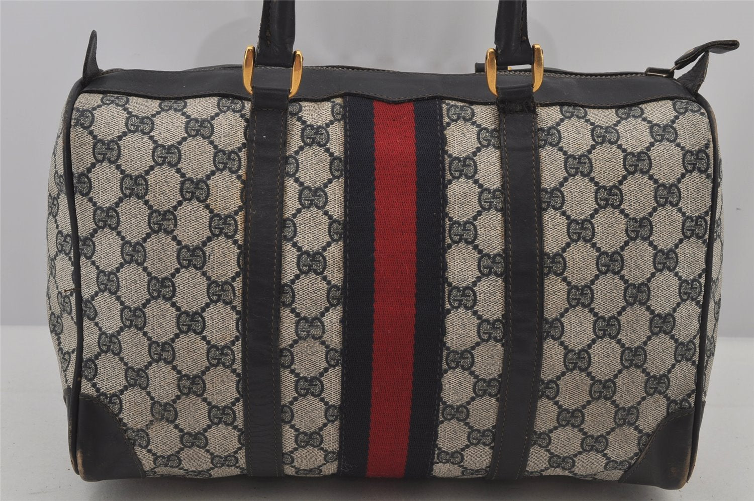 Authentic GUCCI Sherry Line Hand Boston Bag GG PVC Leather Navy Blue Junk  7223J