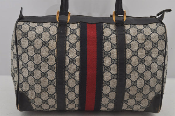 Authentic GUCCI Sherry Line Hand Boston Bag GG PVC Leather Navy Blue Junk  7223J
