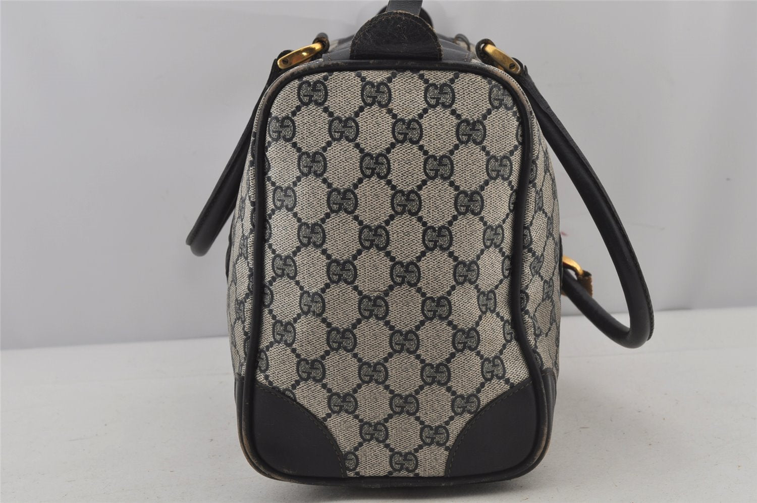 Authentic GUCCI Sherry Line Hand Boston Bag GG PVC Leather Navy Blue Junk  7223J