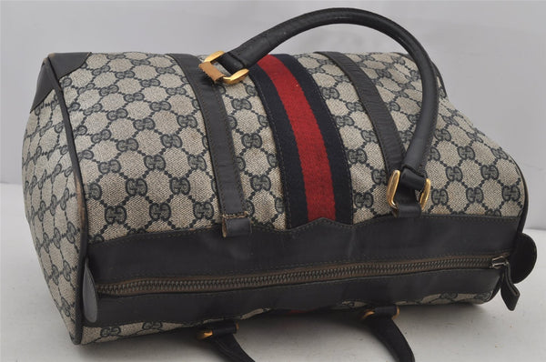 Authentic GUCCI Sherry Line Hand Boston Bag GG PVC Leather Navy Blue Junk  7223J