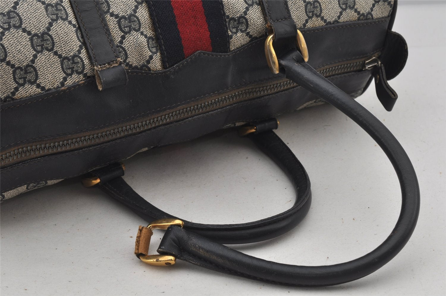 Authentic GUCCI Sherry Line Hand Boston Bag GG PVC Leather Navy Blue Junk  7223J