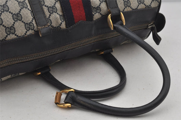 Authentic GUCCI Sherry Line Hand Boston Bag GG PVC Leather Navy Blue Junk  7223J