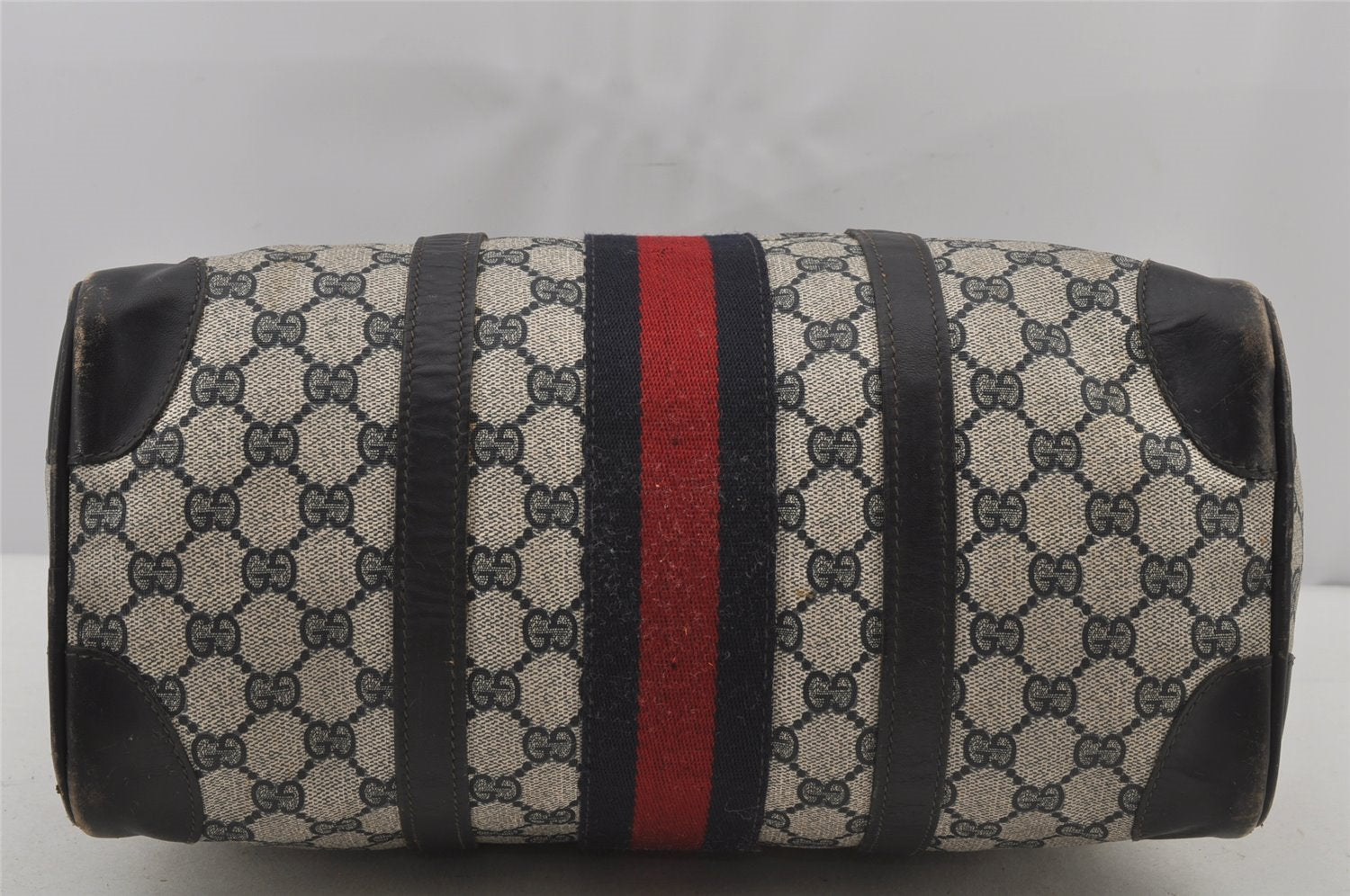 Authentic GUCCI Sherry Line Hand Boston Bag GG PVC Leather Navy Blue Junk  7223J