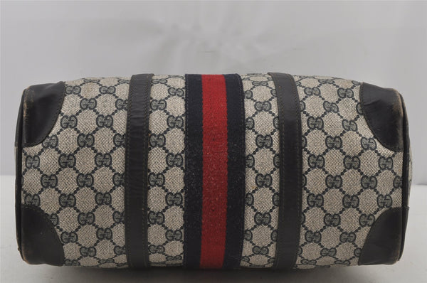 Authentic GUCCI Sherry Line Hand Boston Bag GG PVC Leather Navy Blue Junk  7223J