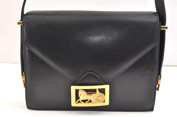 Authentic CELINE Horse Carriage Shoulder Hand Bag Purse Leather Black 7224K