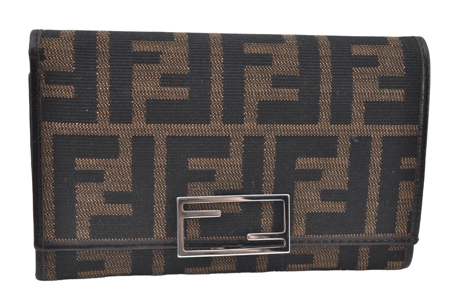 Authentic FENDI Vintage Zucca Trifold Wallet Purse Canvas Leather Brown 7225H