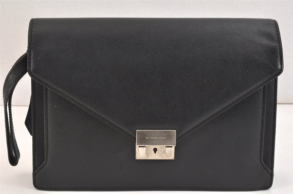 Authentic BURBERRY Vintage Leather Clutch Hand Bag Purse Black 7227K