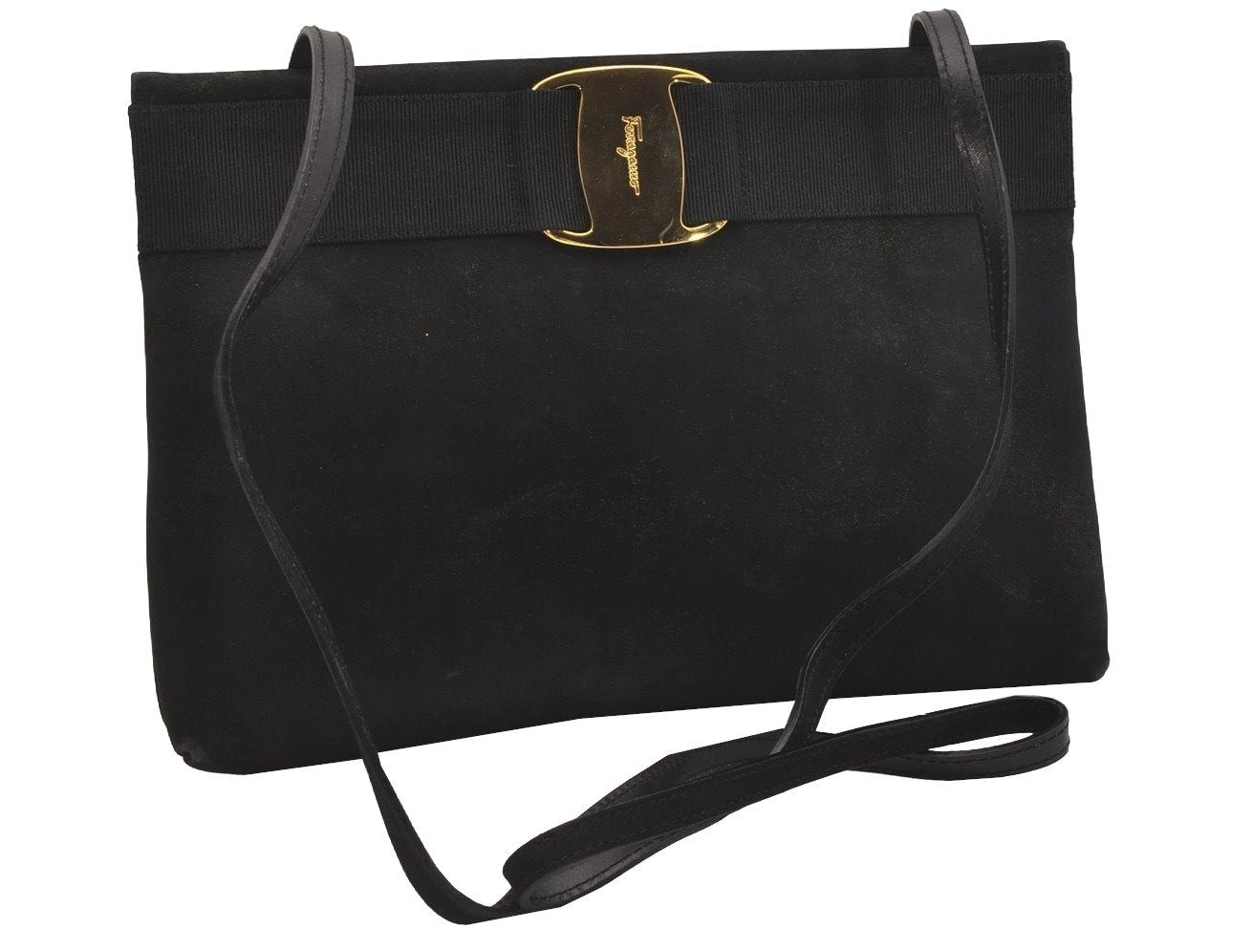 Authentic Salvatore Ferragamo Vara Suede Leather Shoulder Cross Bag Black 7236J