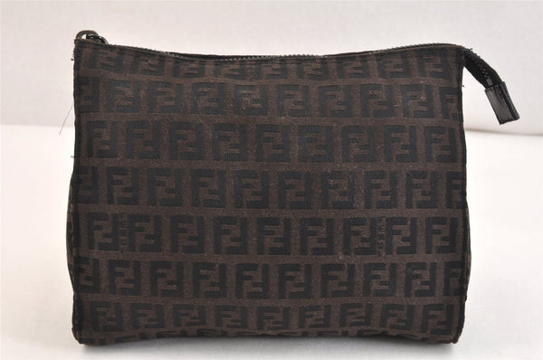 Authentic FENDI Vintage Zucchino Pouch Purse Canvas Leather Brown 7244K