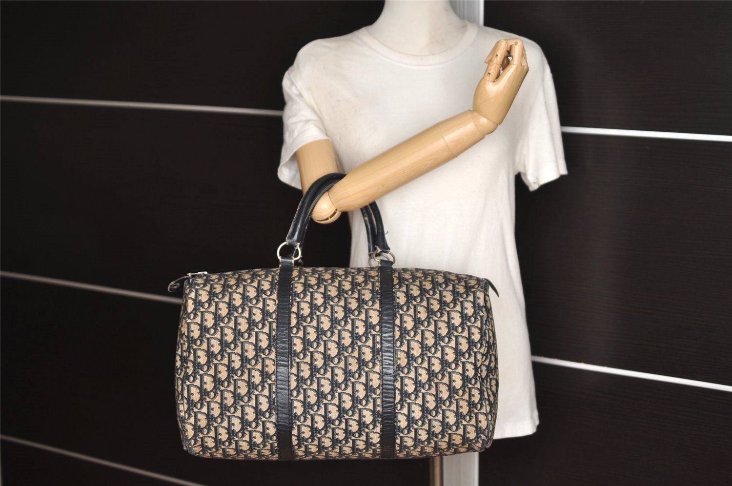 Authentic Christian Dior Trotter Hand Boston Bag Canvas Leather Blue 7263I