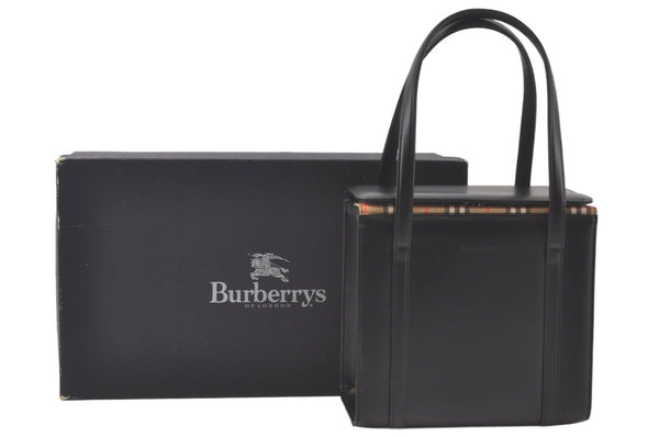 Authentic Burberrys Nova Check Hand Bag Purse Leather Black Beige Box 7263K