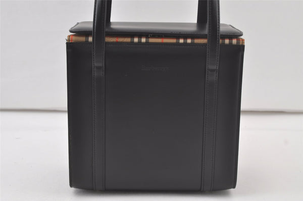 Authentic Burberrys Nova Check Hand Bag Purse Leather Black Beige Box 7263K