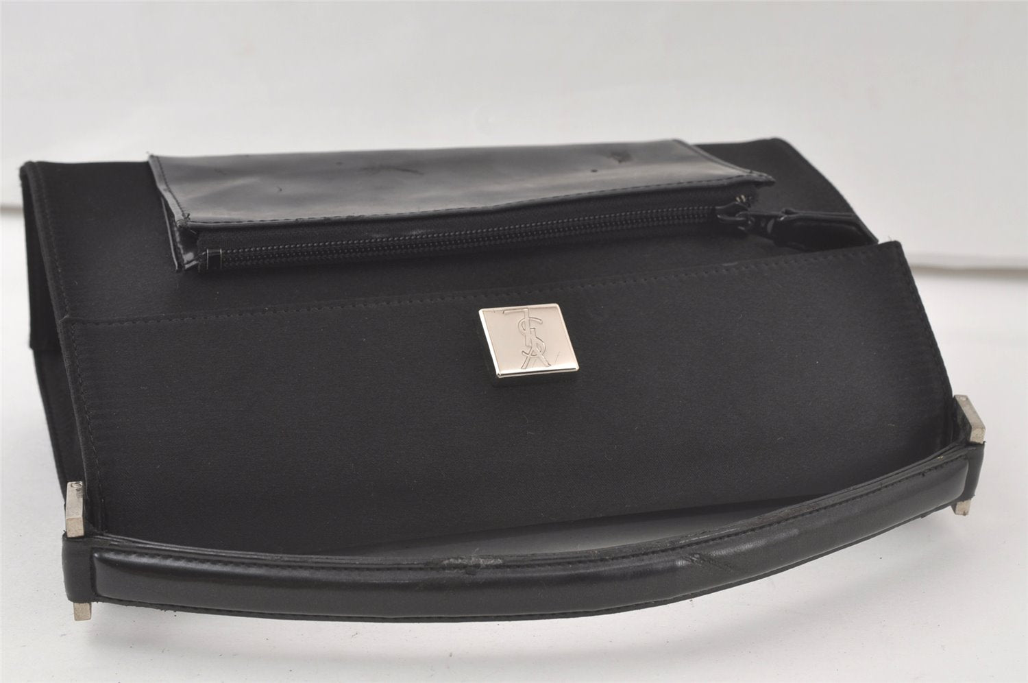 Authentic YVES SAINT LAURENT Vintage Hand Bag Purse Satin Leather Black 7264K