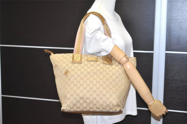 Authentic GUCCI Sherry Line Tote Bag GG Canvas Leather 131231 Beige 7268I