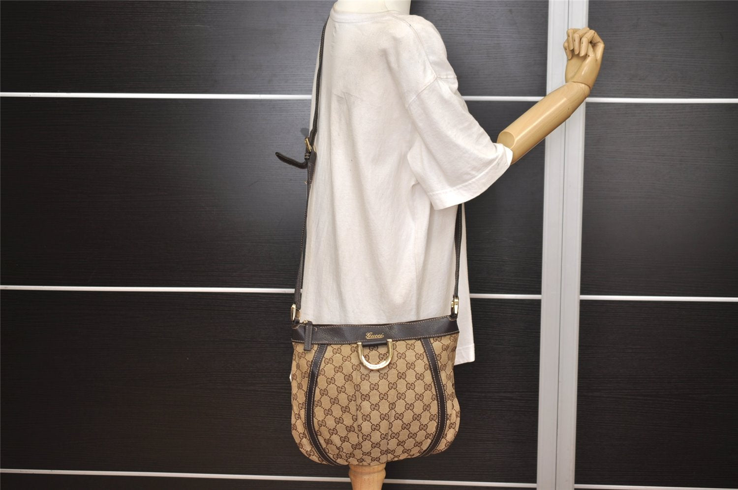 Authentic GUCCI Abbey Shoulder Cross Bag GG Canvas Leather 203257 Brown 7270J