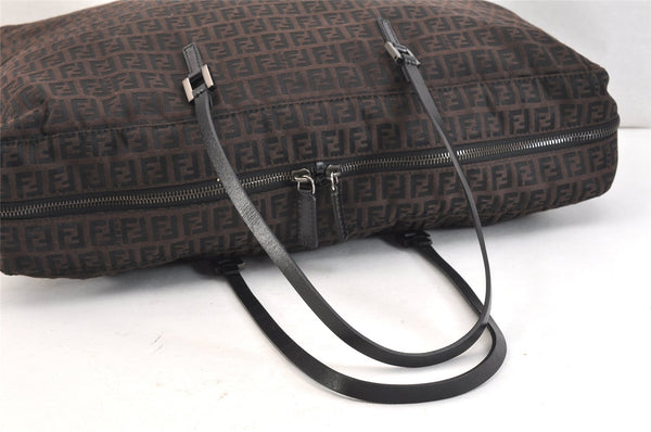 Authentic FENDI Zucchino Boston Hand Bag Canvas Leather Brown Black 7270K