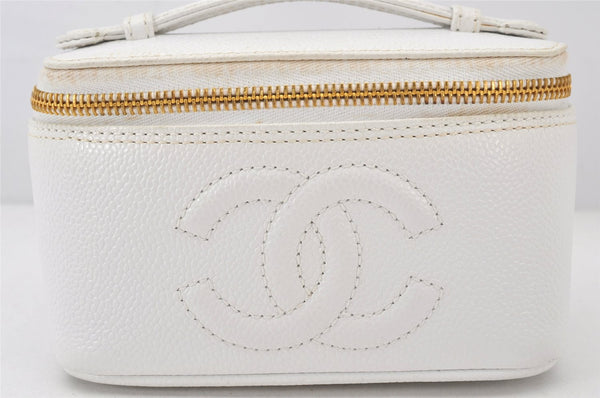 Authentic CHANEL Caviar Skin Vanity Cosmetic Bag Purse White CC Logo 7277K