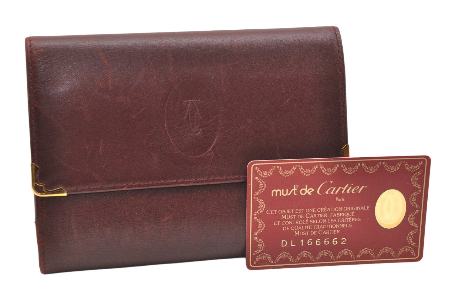 Authentic Cartier Must de Cartier Trifold Wallet Leather Bordeaux Red 7284K